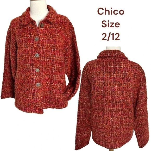 Chico’s size 2/12 burnt orange with multicolor tweed button down jacket - Picture 1 of 6